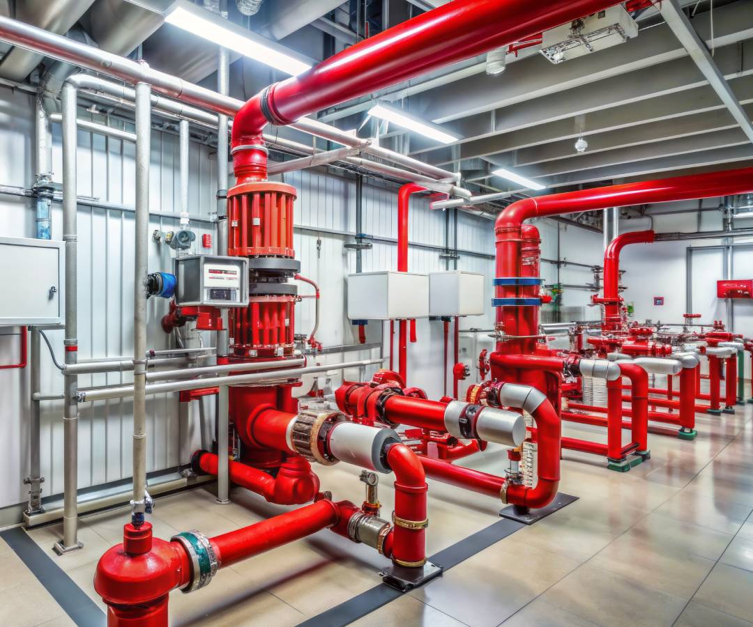 Modern industrial control room featuring red piping and valves for fire suppression system